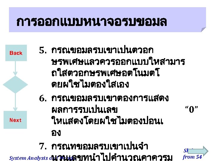 การออกแบบหนาจอรบขอมล 5. กรณขอมลรบเขาเปนตวอก ษรพเศษแลวควรออกแบบใหสามาร ถใสตวอกษรพเศษอตโนมตโ ดยผใชไมตองใสเอง 6. กรณขอมลรบเขาตองการแสดง ผลการรบเปนเลข “ 0” Next ใหแสดงโดยผใชไมตองปอนเ อง