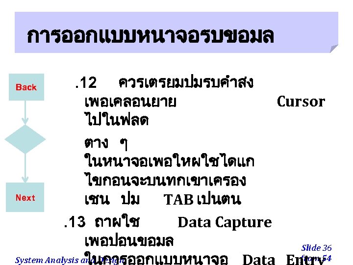 การออกแบบหนาจอรบขอมล. 12 ควรเตรยมปมรบคำสง เพอเคลอนยาย Cursor ไปในฟลด ตาง ๆ ในหนาจอเพอใหผใชไดแก ไขกอนจะบนทกเขาเครอง Next เชน ปม TAB