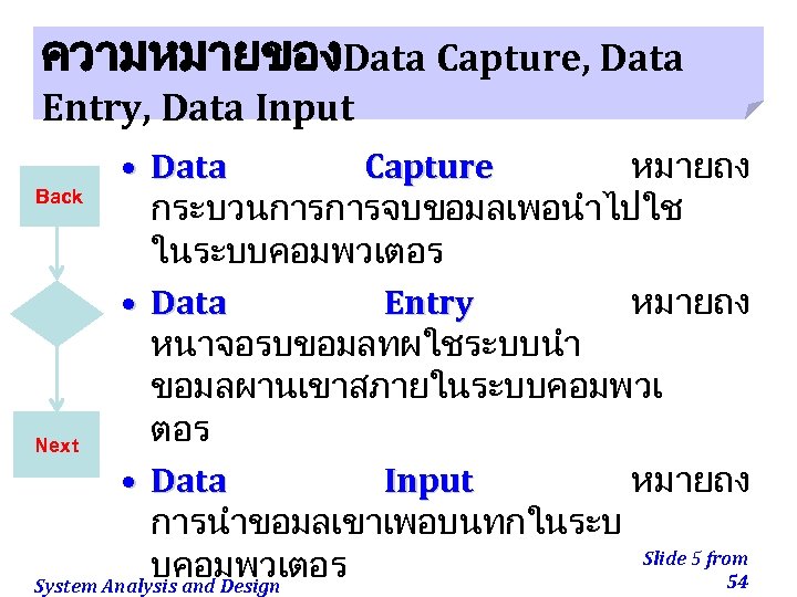 ความหมายของData Capture, Data Entry, Data Input • Data Capture หมายถง Back กระบวนการการจบขอมลเพอนำไปใช ในระบบคอมพวเตอร •