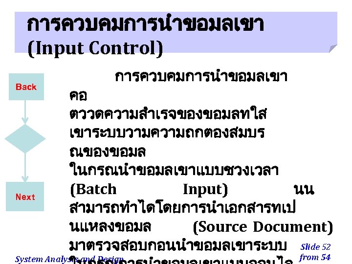 การควบคมการนำขอมลเขา (Input Control) Back Next การควบคมการนำขอมลเขา คอ ตววดความสำเรจของขอมลทใส เขาระบบวามความถกตองสมบร ณของขอมล ในกรณนำขอมลเขาแบบชวงเวลา (Batch Input) นน