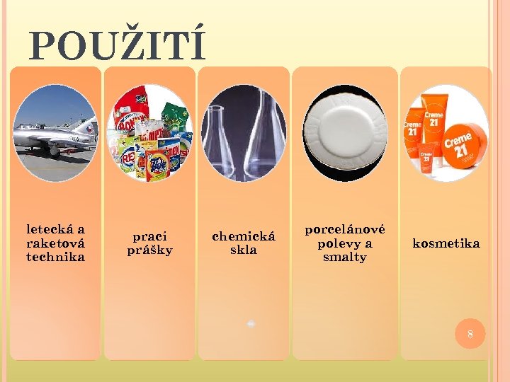 POUŽITÍ letecká a raketová technika prací prášky chemická skla porcelánové polevy a smalty kosmetika