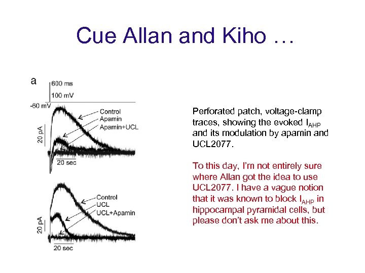 Cue Allan and Kiho … Perforated patch, voltage-clamp traces, showing the evoked IAHP and