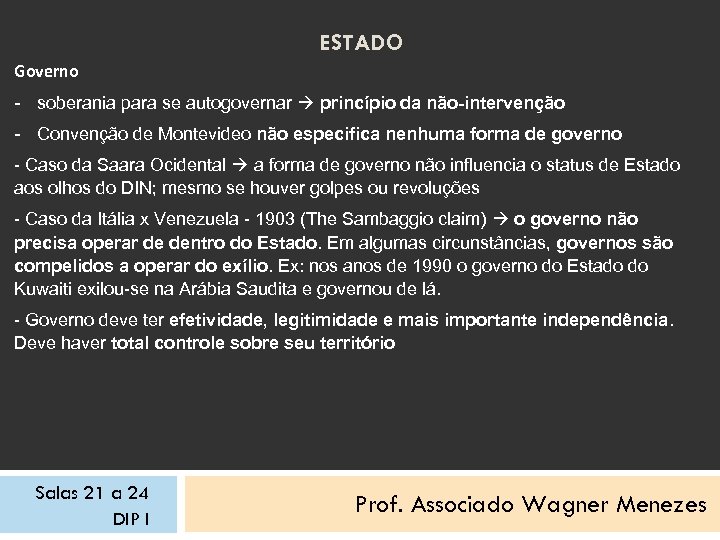 ESTADO Governo - soberania para se autogovernar princípio da não-intervenção - Convenção de Montevideo