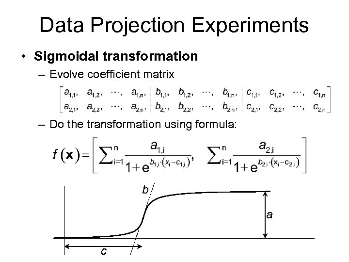 Data Projection Experiments • Sigmoidal transformation – Evolve coefficient matrix – Do the transformation