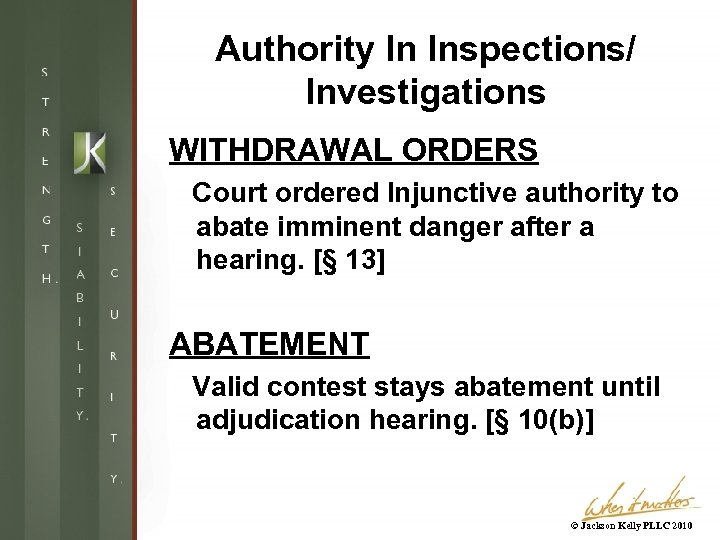 Authority In Inspections/ Investigations WITHDRAWAL ORDERS Court ordered Injunctive authority to abate imminent danger