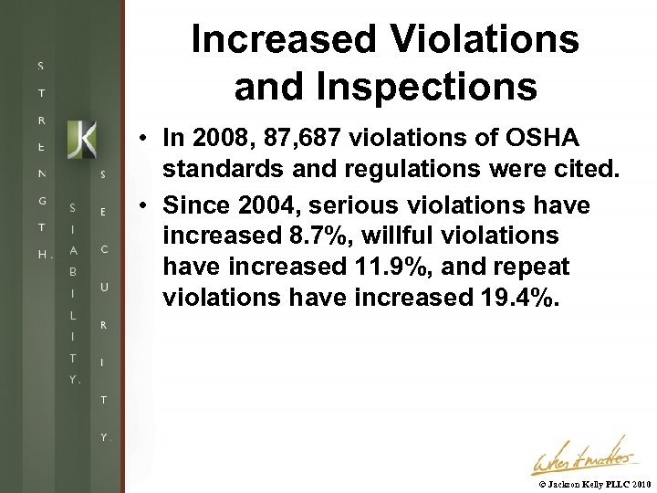 Increased Violations and Inspections • In 2008, 87, 687 violations of OSHA standards and
