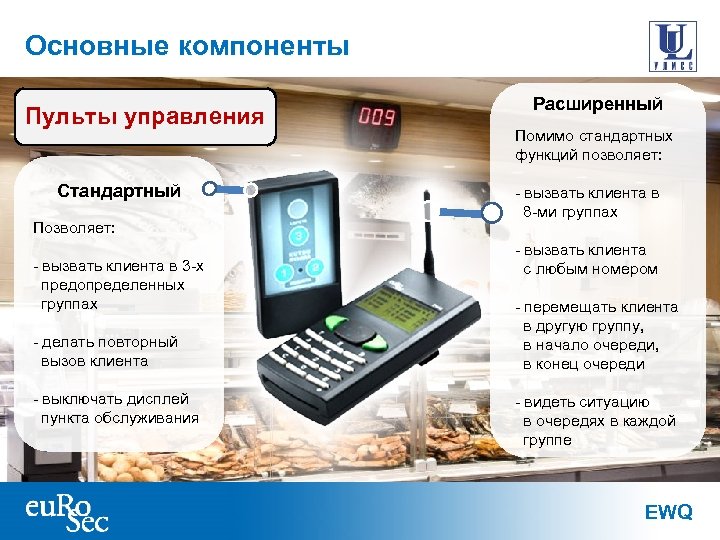 Основные компоненты Пульты управления Стандартный Позволяет: - вызвать клиента в 3 -х предопределенных группах