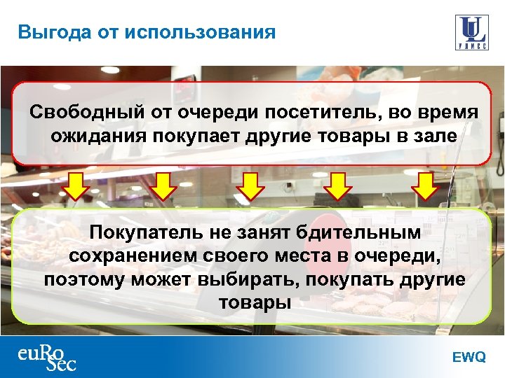 Выгода от использования Свободный от очереди посетитель, во время ожидания покупает другие товары в