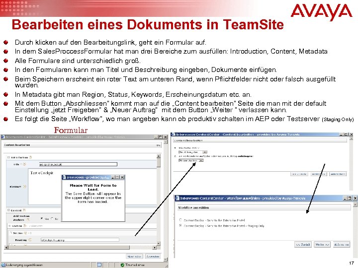 Bearbeiten eines Dokuments in Team. Site Durch klicken auf den Bearbeitungslink, geht ein Formular