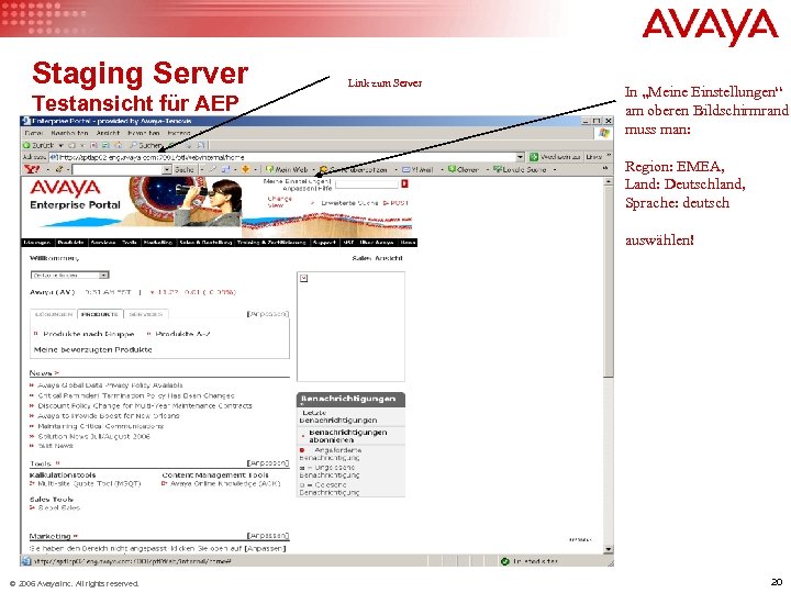 Staging Server Testansicht für AEP Link zum Server In „Meine Einstellungen“ am oberen Bildschirmrand