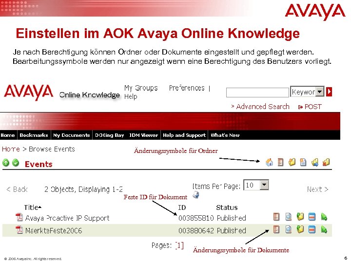 Einstellen im AOK Avaya Online Knowledge Je nach Berechtigung können Ordner oder Dokumente eingestellt