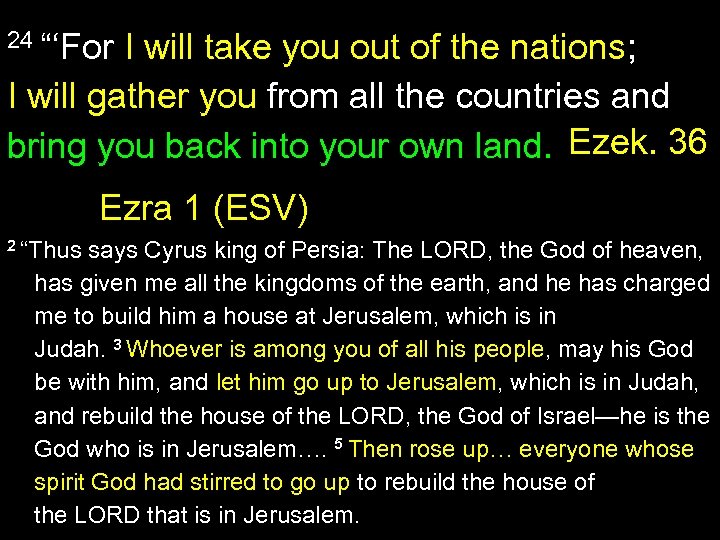 24 “‘For I will take you out of the nations; I will gather you