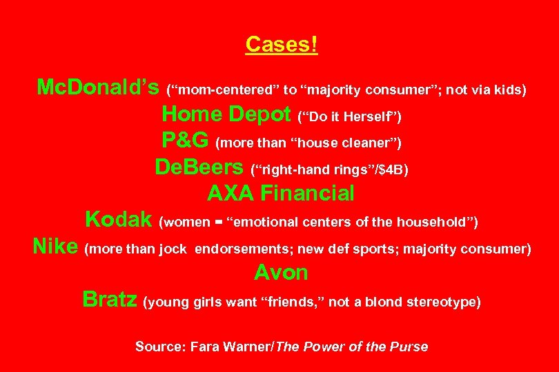 Cases! Mc. Donald’s (“mom-centered” to “majority consumer”; not via kids) Home Depot (“Do it