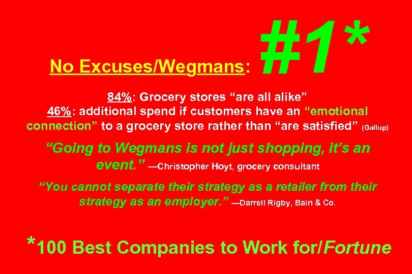 No Excuses/Wegmans: #1* 84%: Grocery stores “are all alike” 46%: additional spend if customers