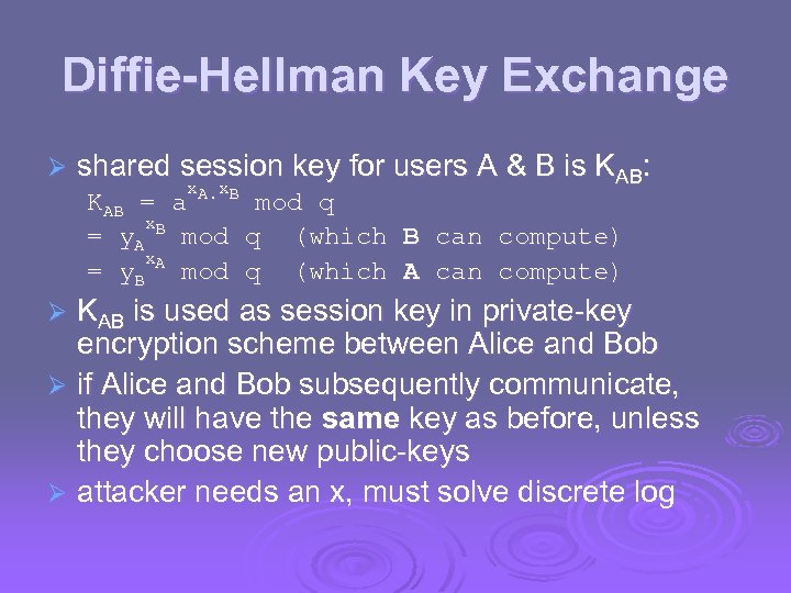 Diffie-Hellman Key Exchange Ø shared session key for users A & B is KAB: