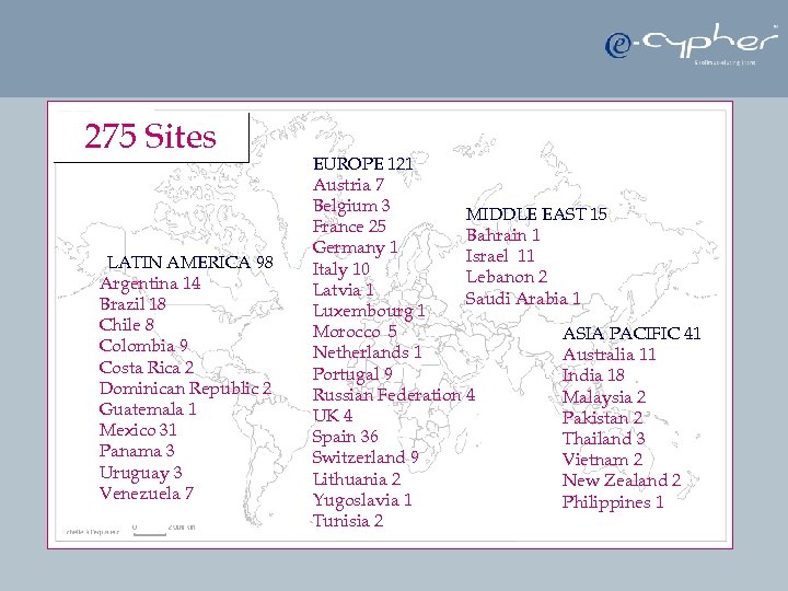 275 Sites LATIN AMERICA 98 Argentina 14 Brazil 18 Chile 8 Colombia 9 Costa