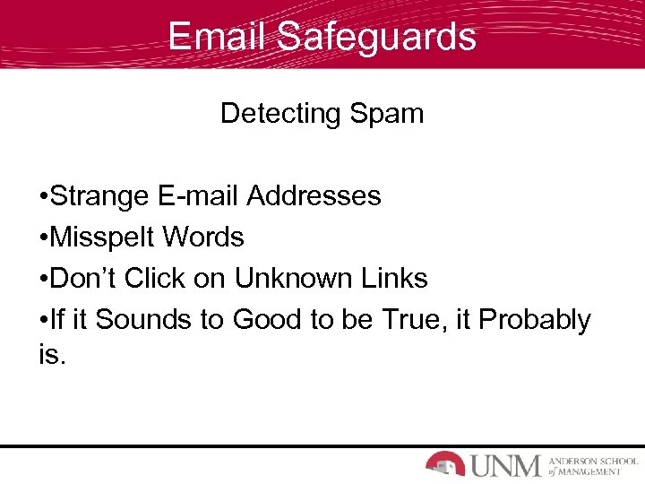 Email Safeguards Detecting Spam • Strange E-mail Addresses • Misspelt Words • Don’t Click
