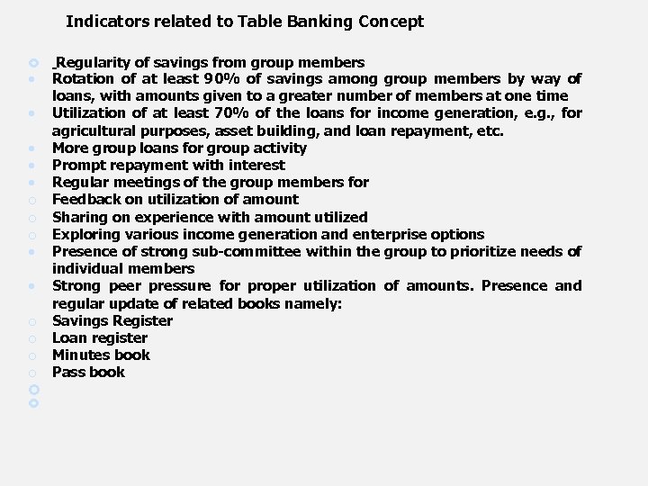 Indicators related to Table Banking Concept Regularity of savings from group members Rotation of