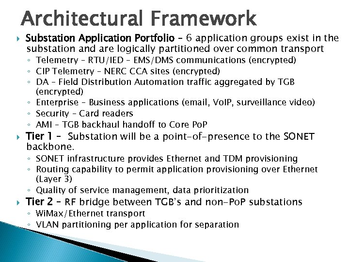 Architectural Framework Substation Application Portfolio – 6 application groups exist in the substation and