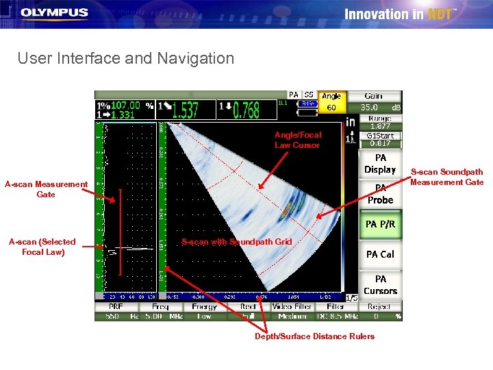 User Interface and Navigation Angle/Focal Law Cursor S-scan Soundpath Measurement Gate A-scan (Selected Focal