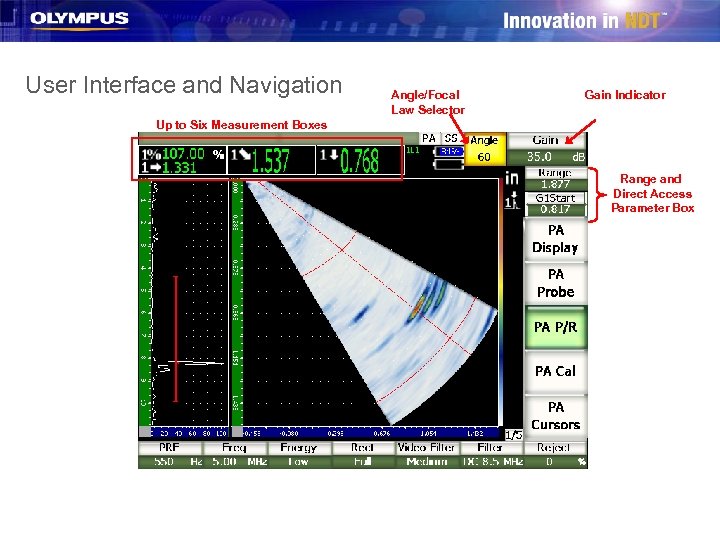 User Interface and Navigation Angle/Focal Law Selector Gain Indicator Up to Six Measurement Boxes