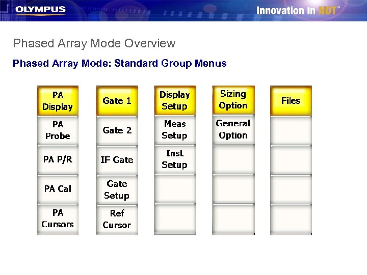 Phased Array Mode Overview Phased Array Mode: Standard Group Menus 