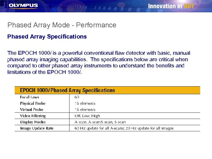 Phased Array Mode - Performance Phased Array Specifications The EPOCH 1000 i is a