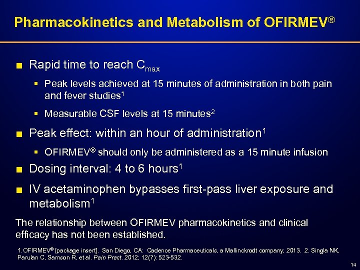 Pharmacokinetics and Metabolism of OFIRMEV® ■ Rapid time to reach Cmax § Peak levels