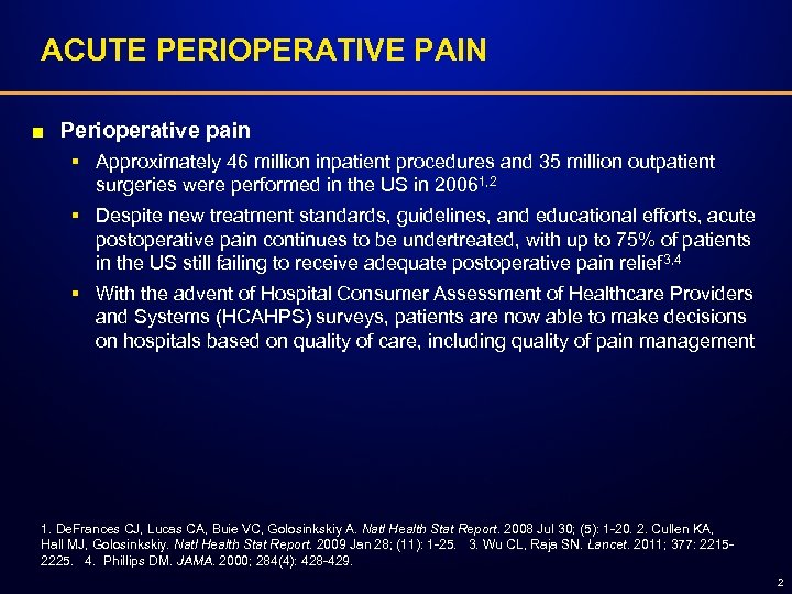 ACUTE PERIOPERATIVE PAIN ■ Perioperative pain § Approximately 46 million inpatient procedures and 35