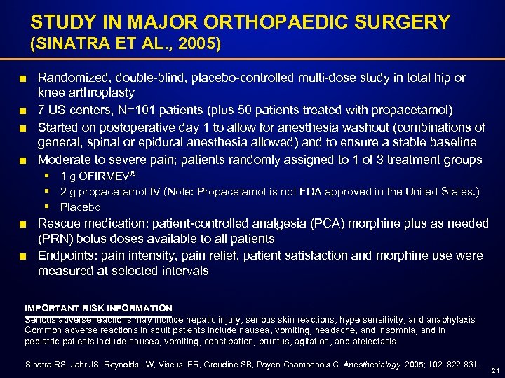 STUDY IN MAJOR ORTHOPAEDIC SURGERY (SINATRA ET AL. , 2005) ■ Randomized, double-blind, placebo-controlled