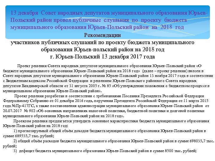 13 декабря Совет народных депутатов муниципального образования Юрьев. Польский район провел публичные слушания по