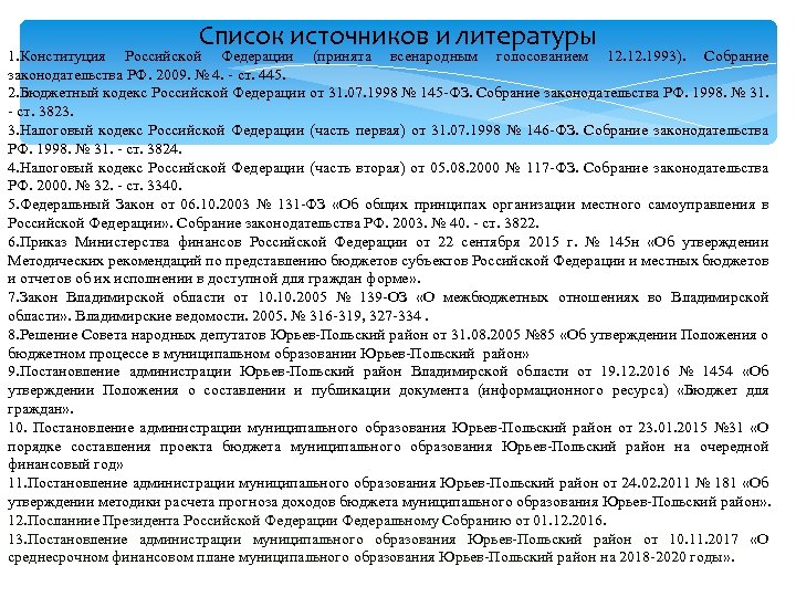Список источников и литературы 1. Конституция Российской Федерации (принята всенародным голосованием 12. 1993). Собрание