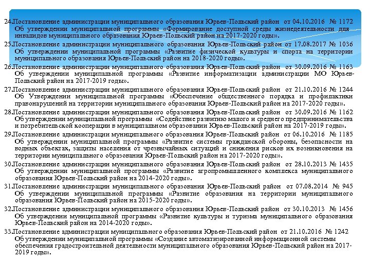 24. Постановление администрации муниципального образования Юрьев-Польский район от 04. 10. 2016 № 1172 Об