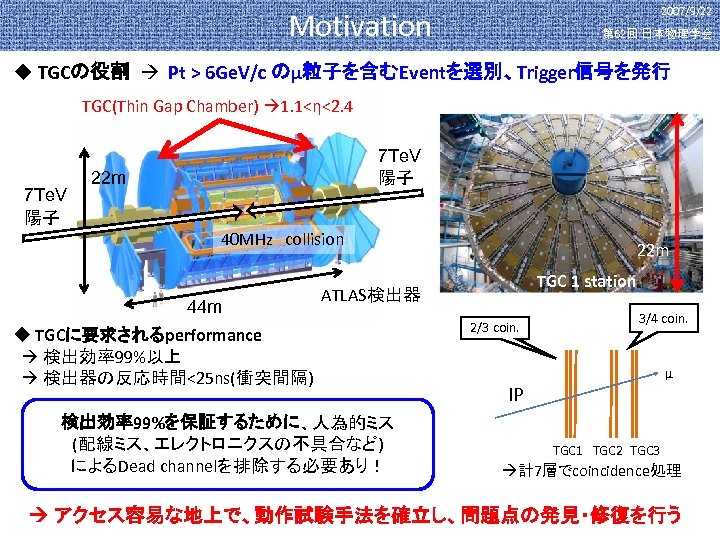 2007/9/22 Motivation 第 62回 日本物理学会 u TGCの役割 Pt > 6 Ge. V/c のμ粒子を含むEventを選別、Trigger信号を発行 TGC(Thin