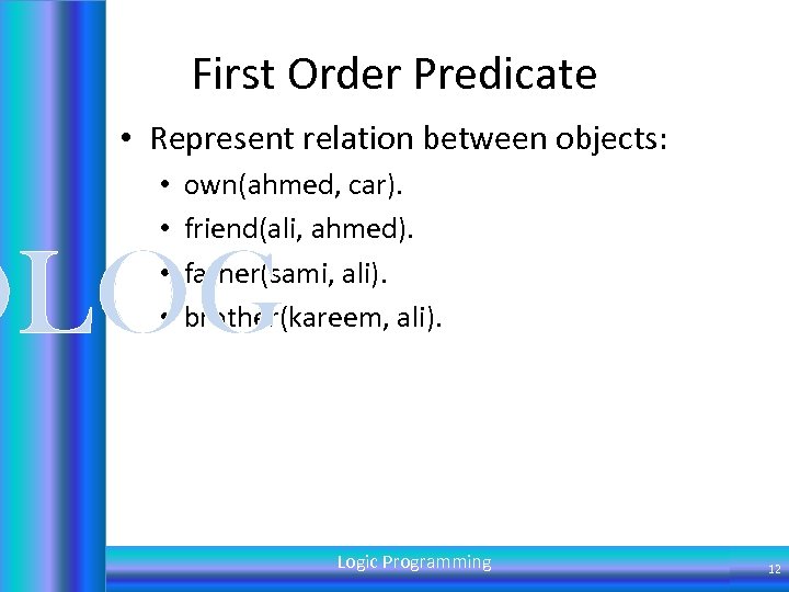 First Order Predicate • Represent relation between objects: • • own(ahmed, car). friend(ali, ahmed).