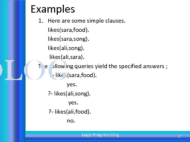 Examples 1. Here are some simple clauses. likes(sara, food). likes(sara, song). likes(ali, sara). The
