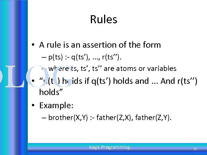 Rules • A rule is an assertion of the form – p(ts) : -