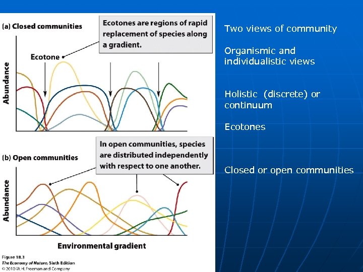 Two views of community Organismic and individualistic views Holistic (discrete) or continuum Ecotones Closed
