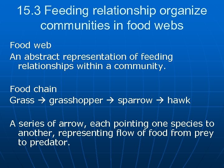15. 3 Feeding relationship organize communities in food webs Food web An abstract representation