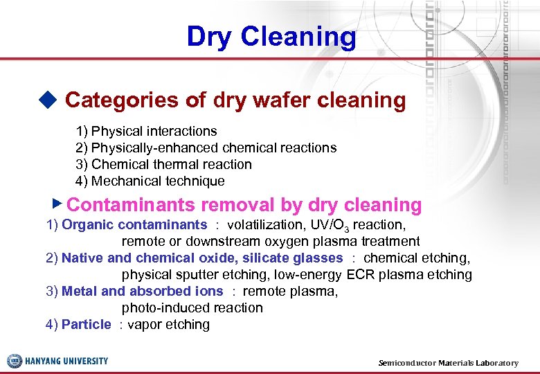 Dry Cleaning ◆ Categories of dry wafer cleaning 1) Physical interactions 2) Physically-enhanced chemical