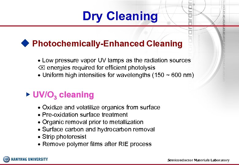 Dry Cleaning ◆ Photochemically-Enhanced Cleaning Low pressure vapor UV lamps as the radiation sources