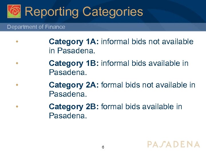 Reporting Categories Department of Finance • Category 1 A: informal bids not available in
