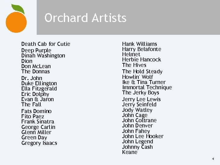 Orchard Artists Death Cab for Cutie Deep Purple Dinah Washington Dion Don Mc. Lean