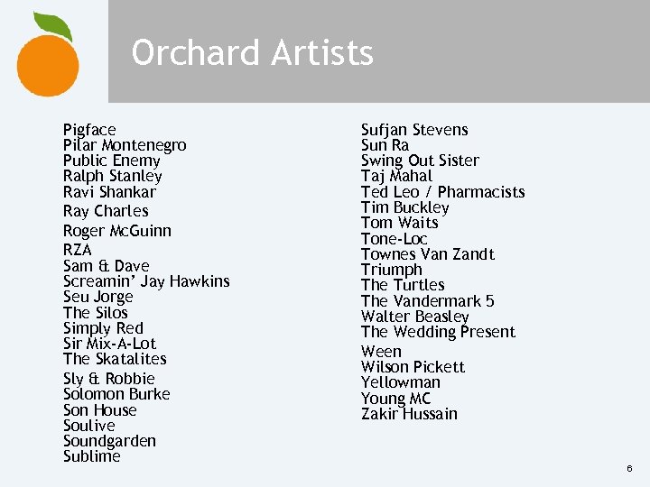 Orchard Artists Pigface Pilar Montenegro Public Enemy Ralph Stanley Ravi Shankar Ray Charles Roger