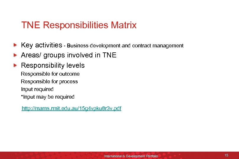TNE Responsibilities Matrix Key activities - Business development and contract management Areas/ groups involved
