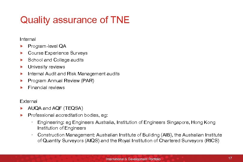 Quality assurance of TNE Internal Program-level QA Course Experience Surveys School and College audits