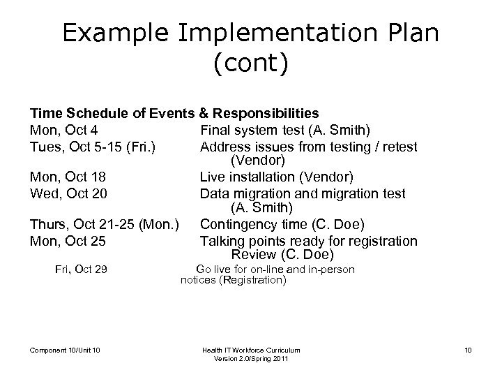 Example Implementation Plan (cont) Time Schedule of Events & Responsibilities Mon, Oct 4 Final