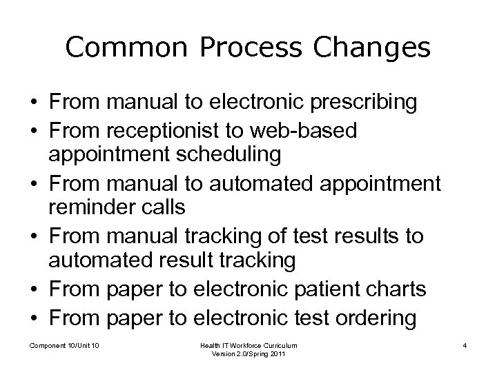 Common Process Changes • From manual to electronic prescribing • From receptionist to web-based