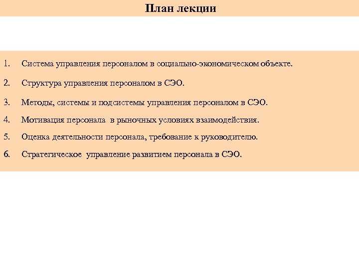  План лекции 1. Система управления персоналом в социально экономическом объекте. 2. Структура управления