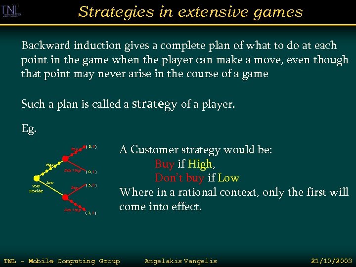 Strategies in extensive games Backward induction gives a complete plan of what to do